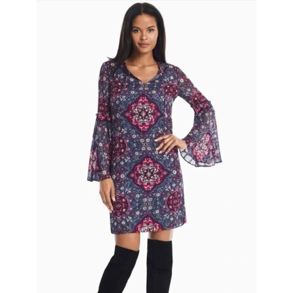 White House Black Market women's shift mini dress size XS blue medallion boho